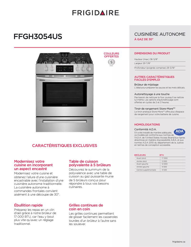 Page 1 de la notice Fiche technique Frigidaire FFGH3054US