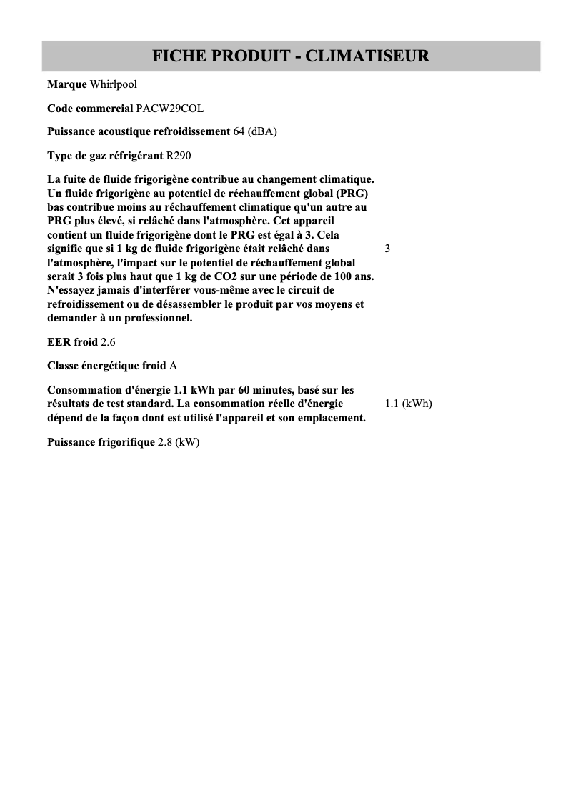 Page 1 de la notice Fiche technique Whirlpool PACW29COL