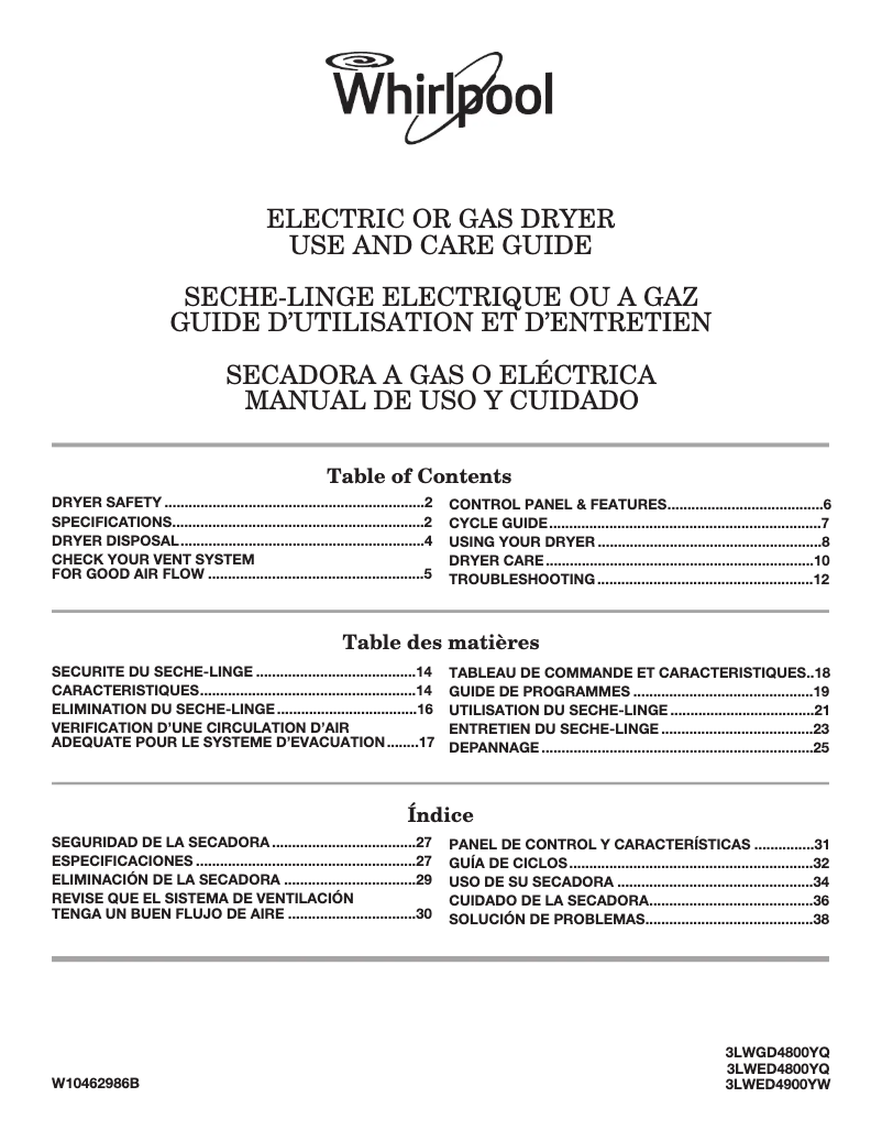 Page 1 de la notice Manuel utilisateur Whirlpool 3LWED4900YW