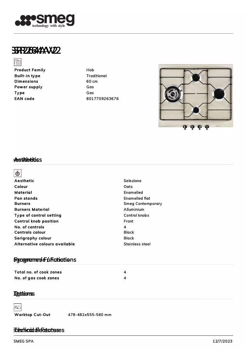 Página 1 del manual Ficha técnica Smeg SR264AV2