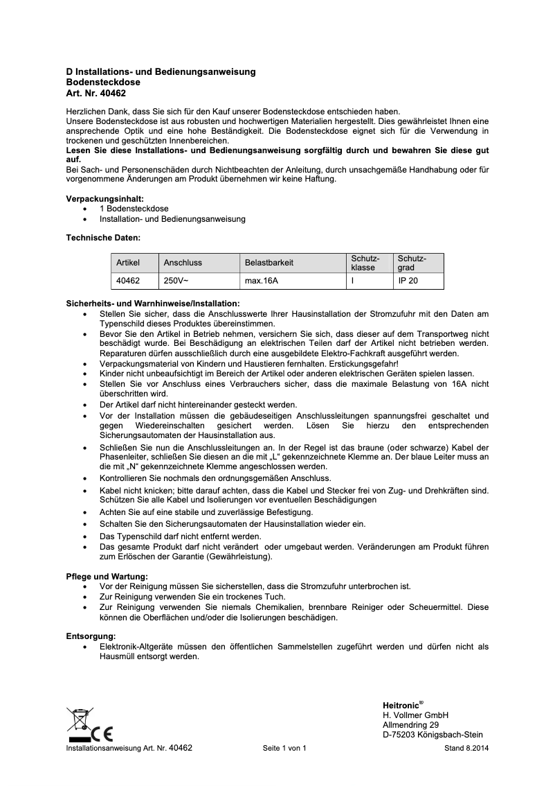 Page 1 de la notice Manuel utilisateur Heitronic 40462