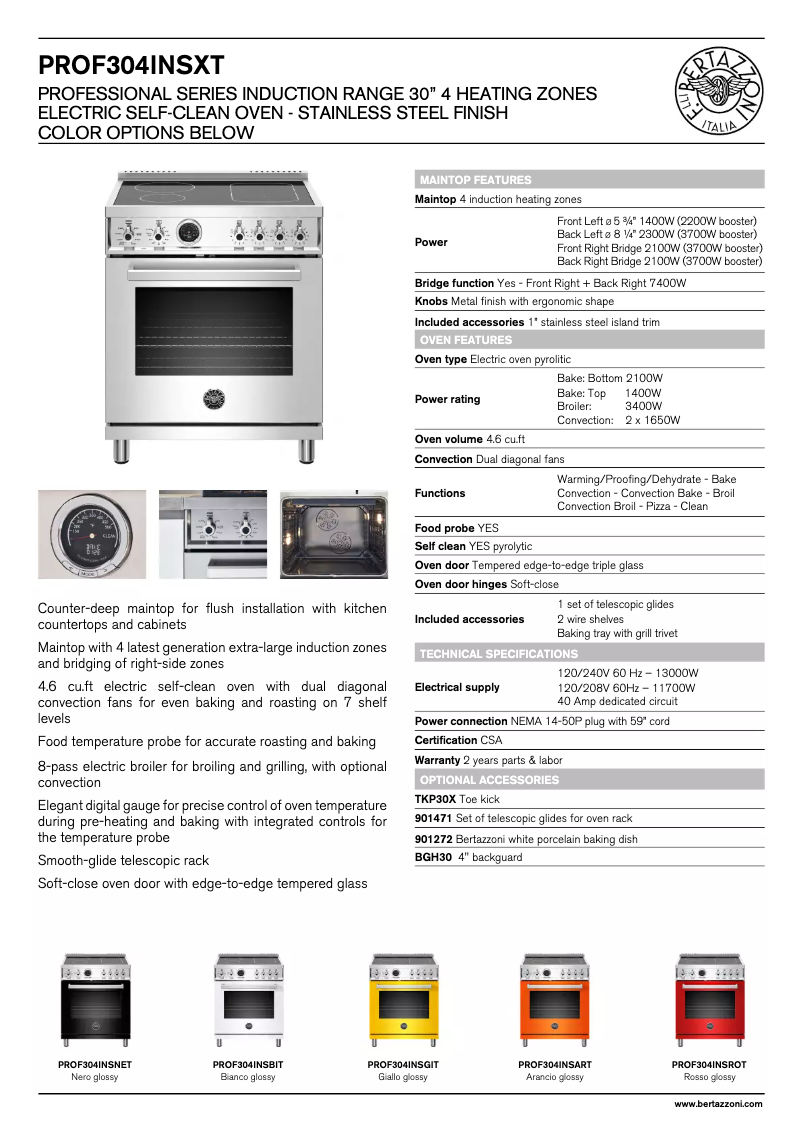 Page 1 de la notice Fiche technique Bertazzoni Professional PROF304INSNET
