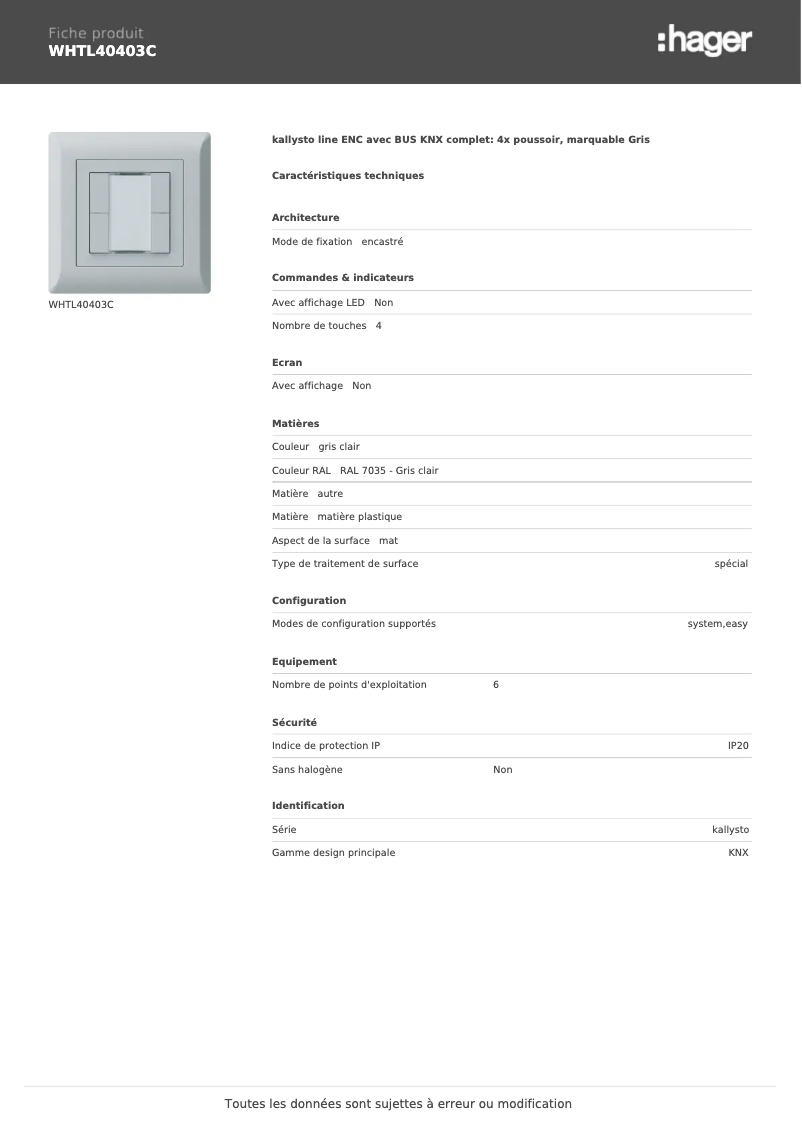 Page n°1 - Fiche technique Hager WHTL40403C