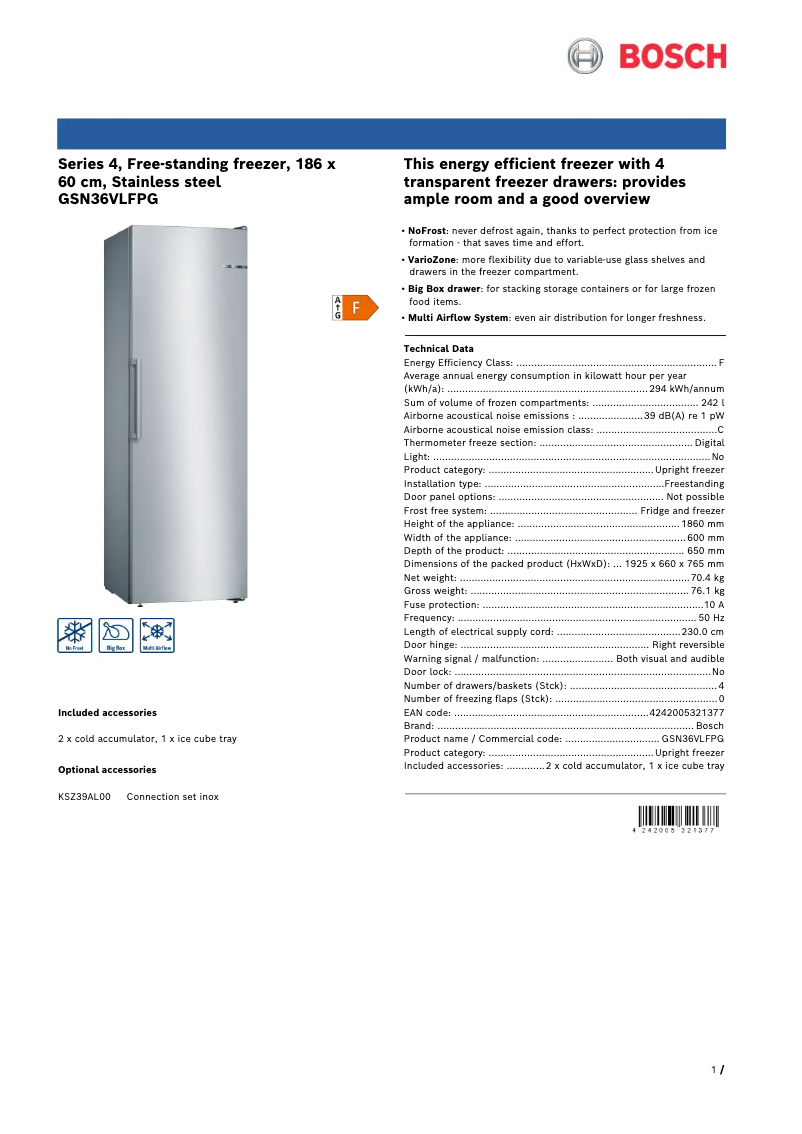 Page 1 de la notice Fiche technique Bosch GSN36VLFPG