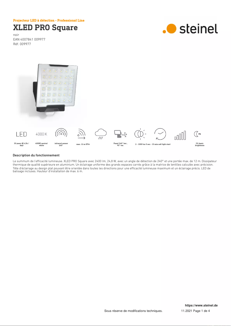 Page 1 de la notice Fiche technique Steinel XLED PRO Square