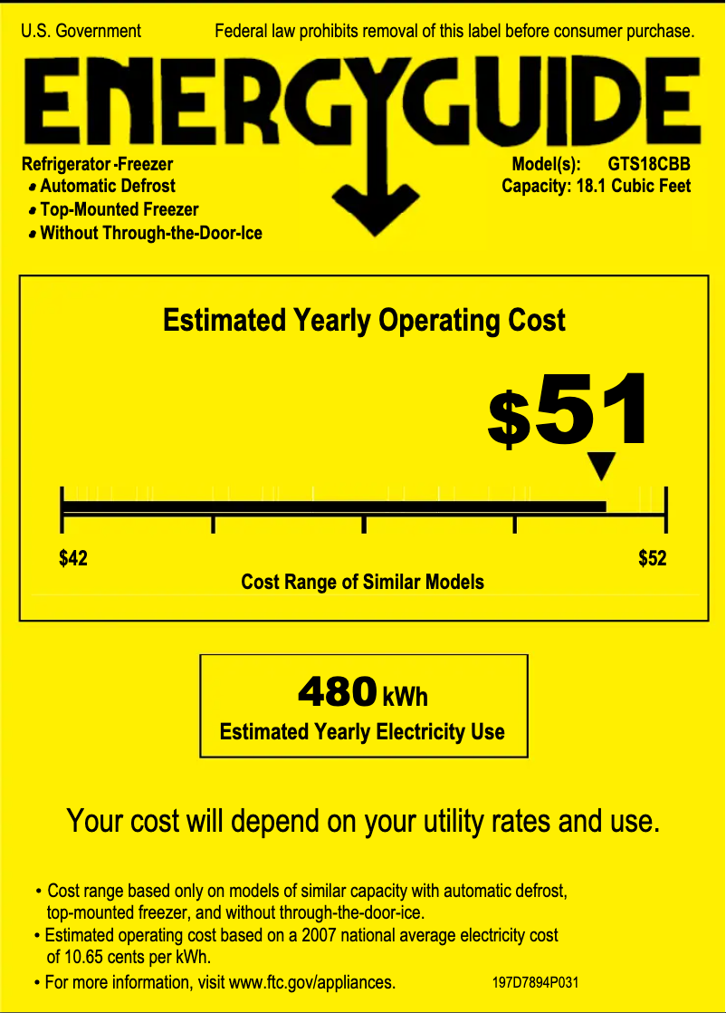 Page 1 de la notice Label énergétique GE GTS18CBBWW