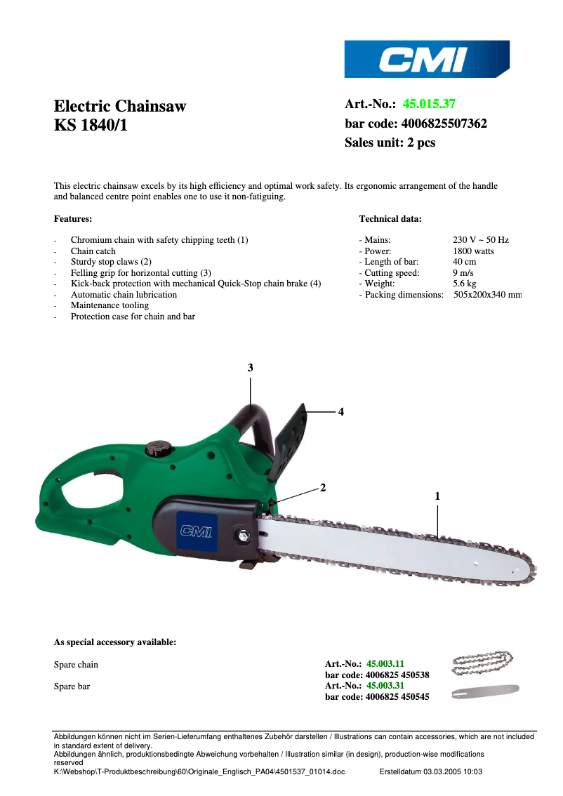 Page n°1 - Fiche technique CMI KS 1840/1