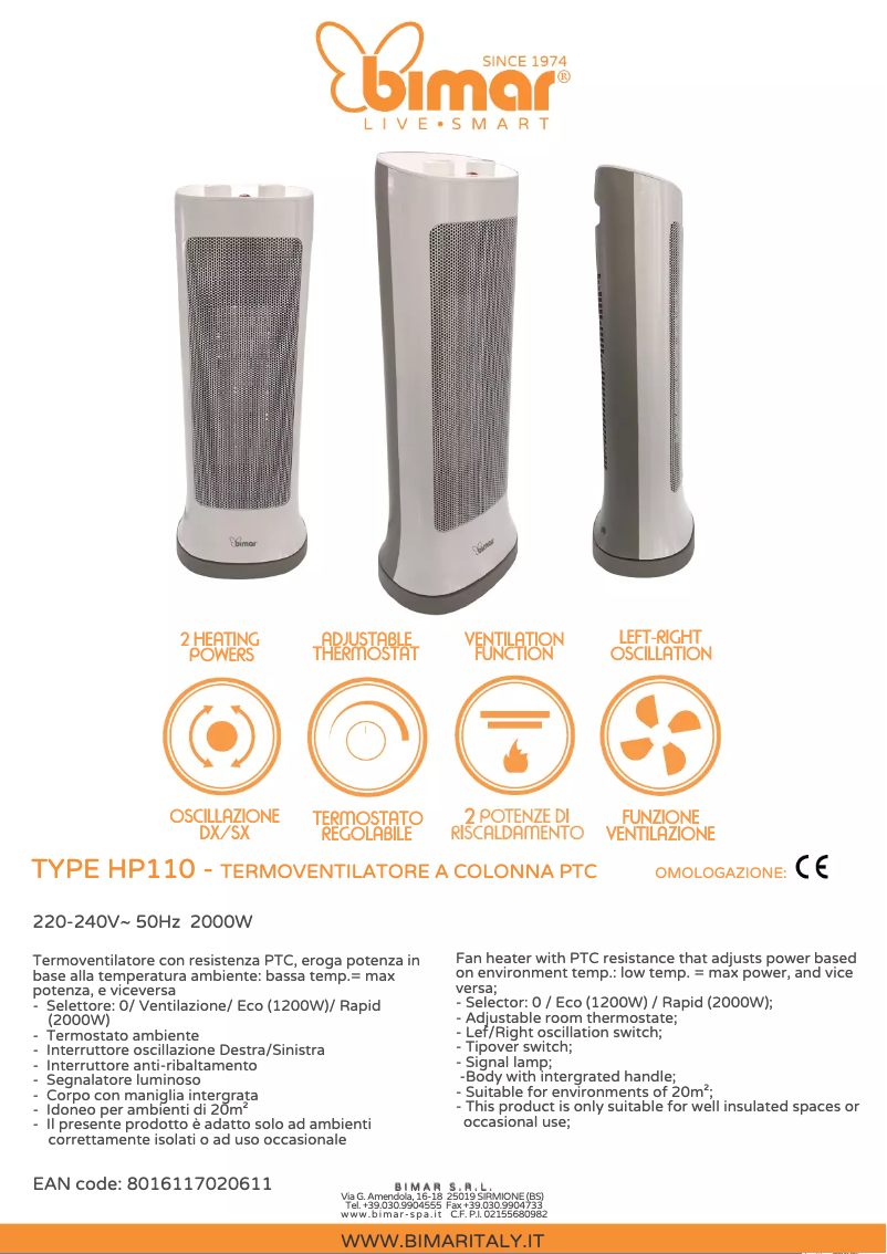 Page 1 de la notice Fiche technique Bimar HP110