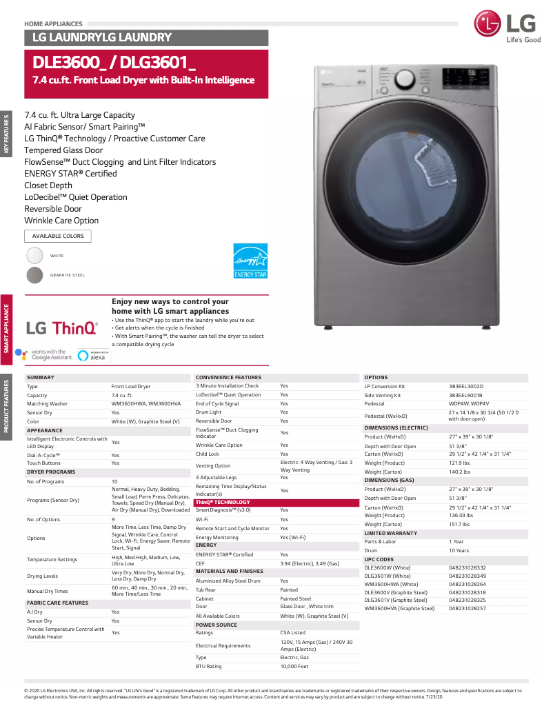 Page 1 de la notice Fiche technique LG D3601W