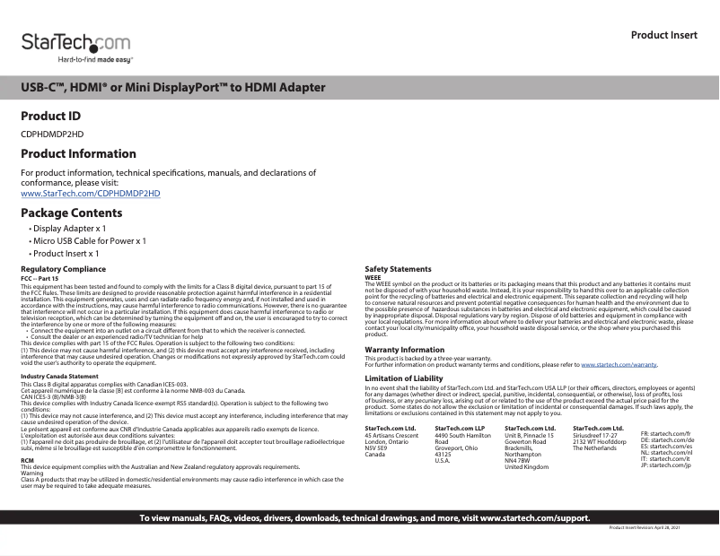 Page n°1 - Manuel utilisateur StarTech.com CDPHDMDP2HD