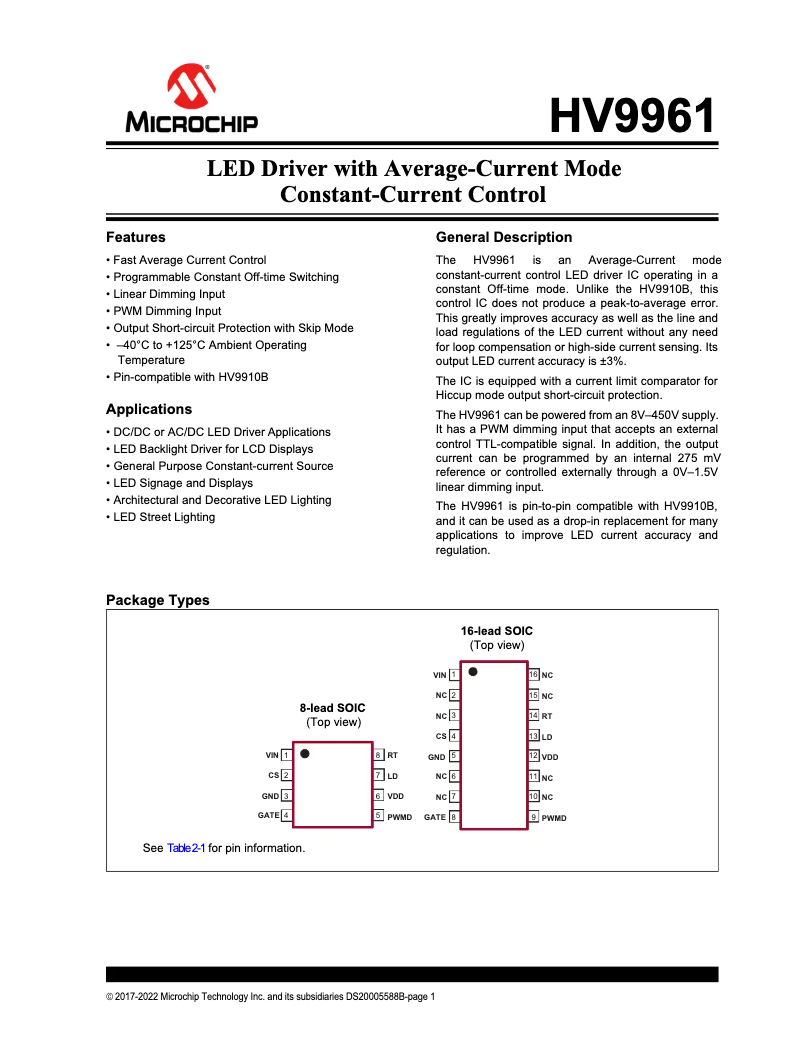 Page 1 de la notice Fiche technique Microchip HV9961