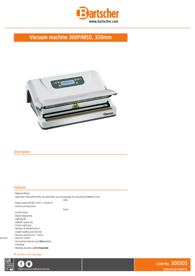 Page n°1 - Manuel utilisateur Bartscher 300P/MSD