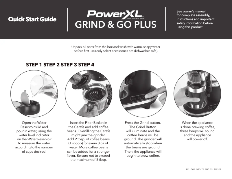 Page n°1 - Guide de démarrage rapide PowerXL Grind & Go Plus CL-004