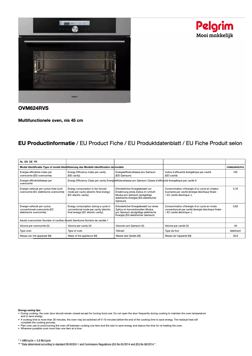 Page 1 de la notice Fiche technique Pelgrim OVM624