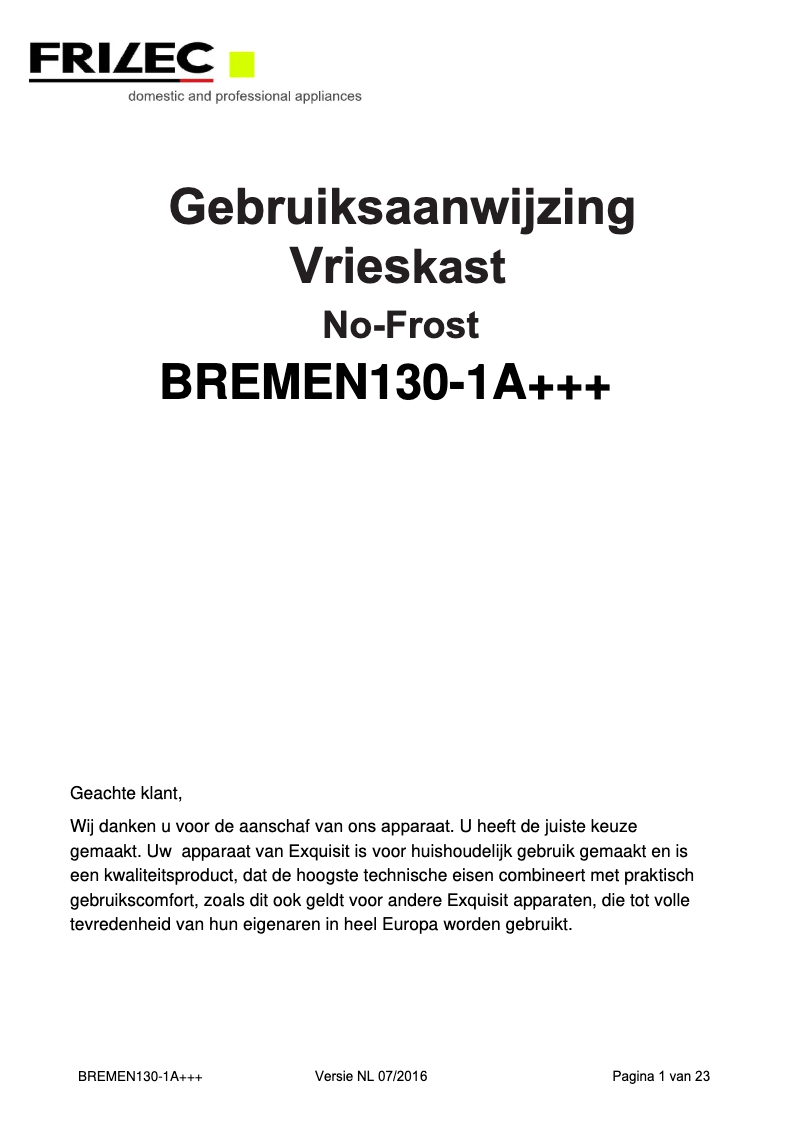 Page n°1 - Manuel utilisateur Frilec BREMEN130-1A+++