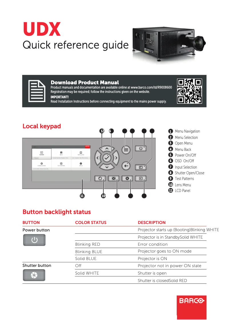 Page 1 de la notice Guide de démarrage rapide Barco UDX-4K26