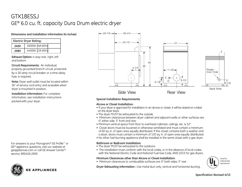 Image de la première page du manuel de l'appareil GTX18ESSJWW