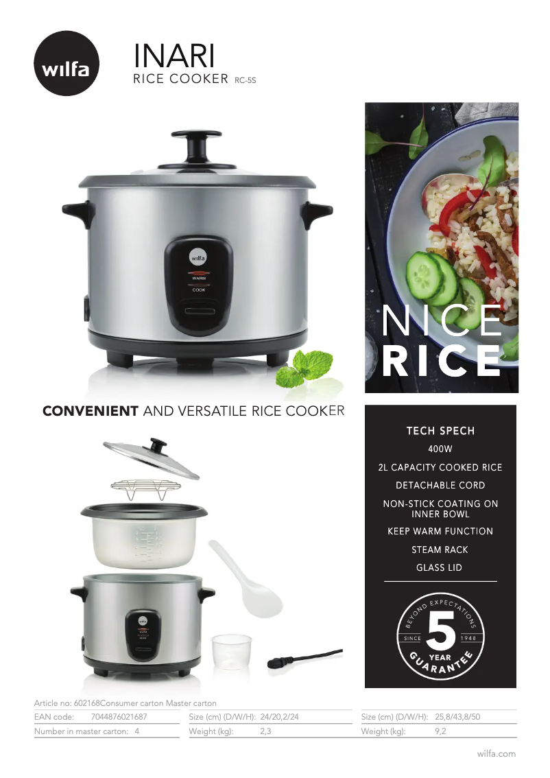 Page 1 de la notice Fiche technique Wilfa Inari RC-5S