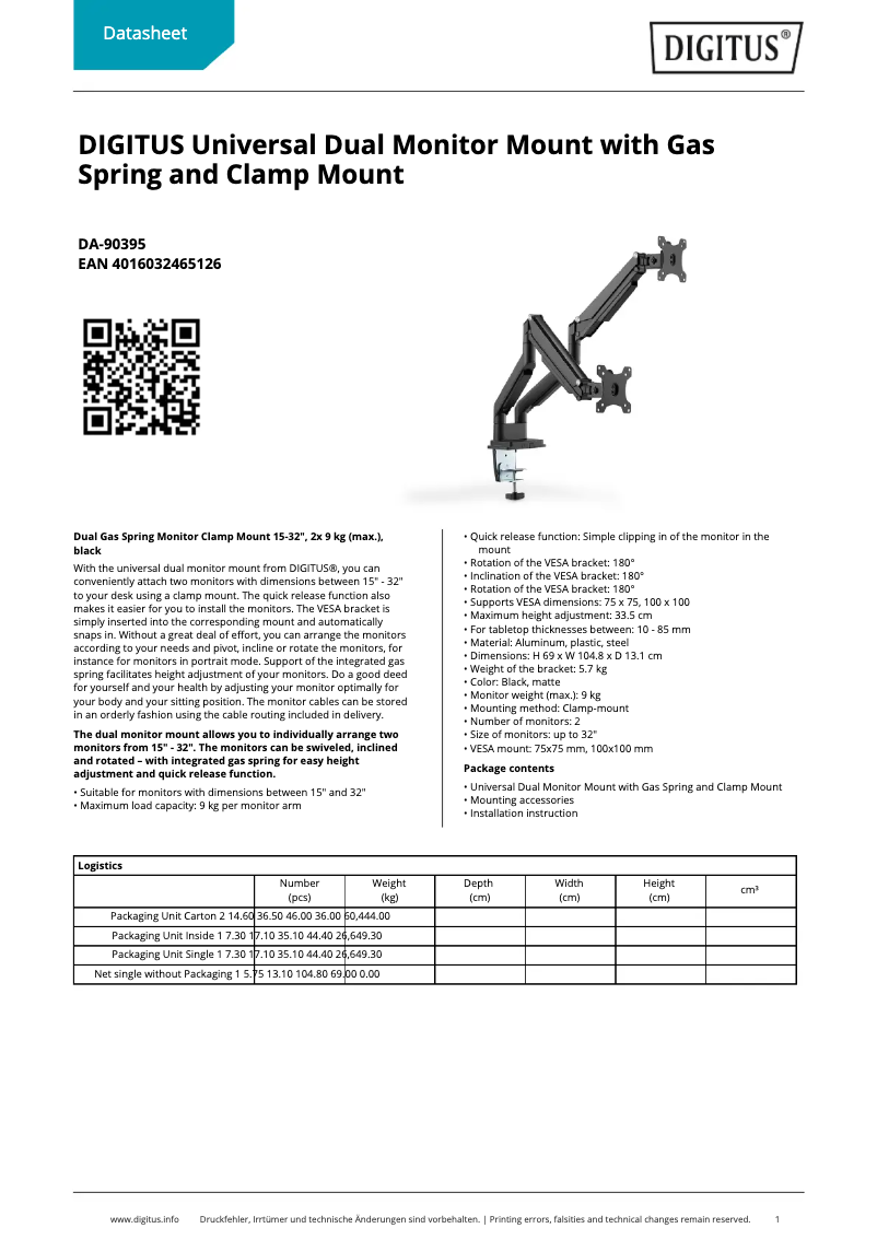Page 1 de la notice Fiche technique Digitus DA-90395