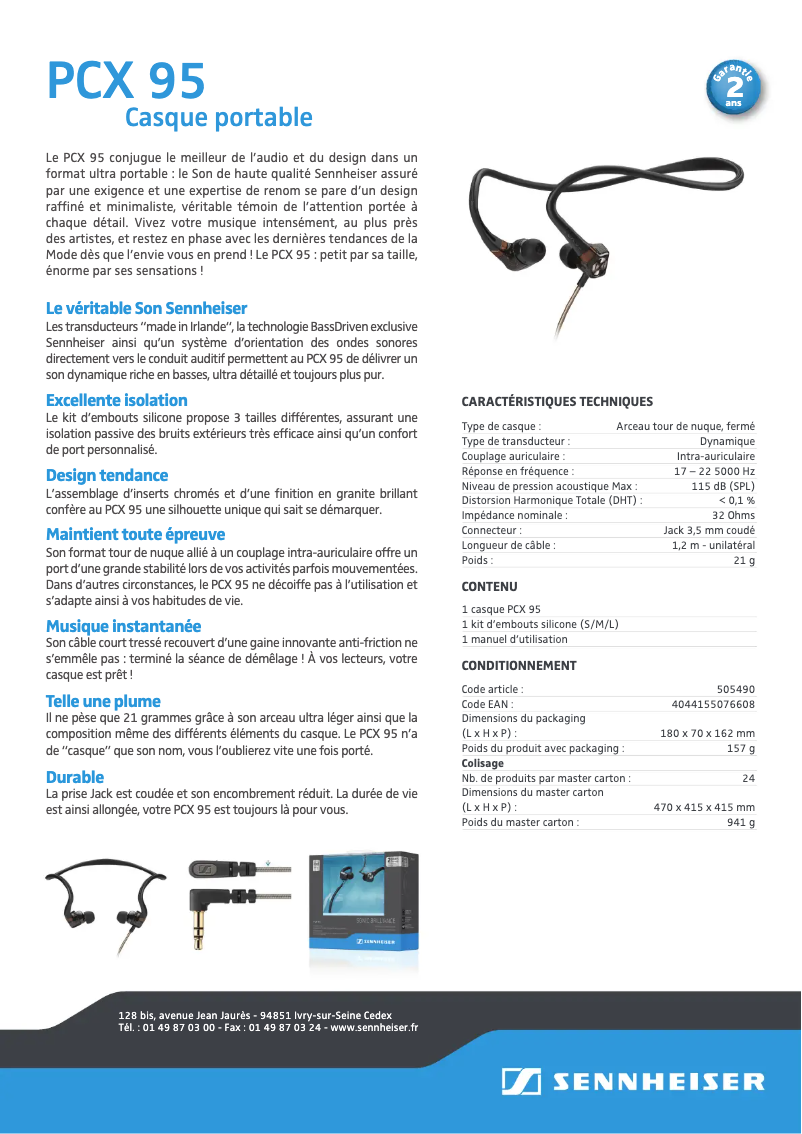 Page 1 de la notice Fiche technique Sennheiser CX 120BT