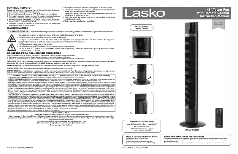 Page 1 de la notice Manuel d'utilisation et d'entretien Lasko Xtra Air T48335
