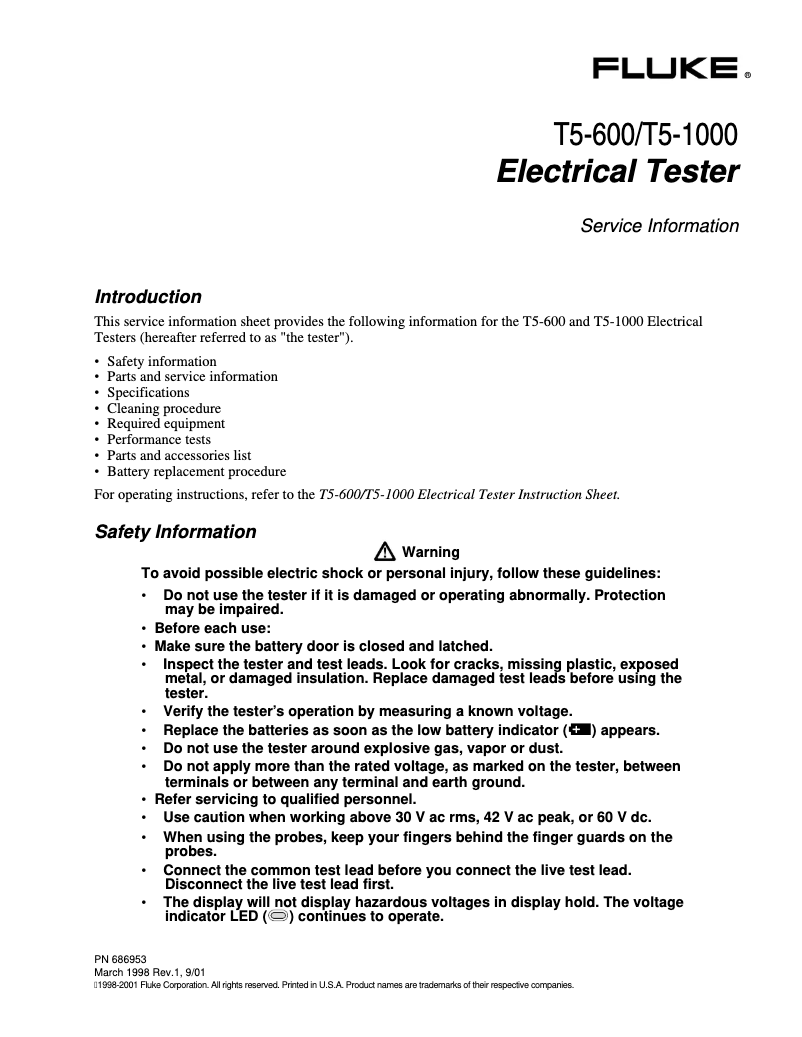 Page 1 de la notice Manuel utilisateur Fluke T5-1000