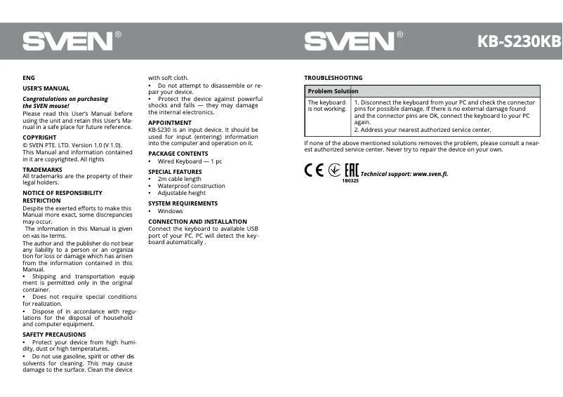 Page n°1 - Manuel utilisateur Sven KB-S230