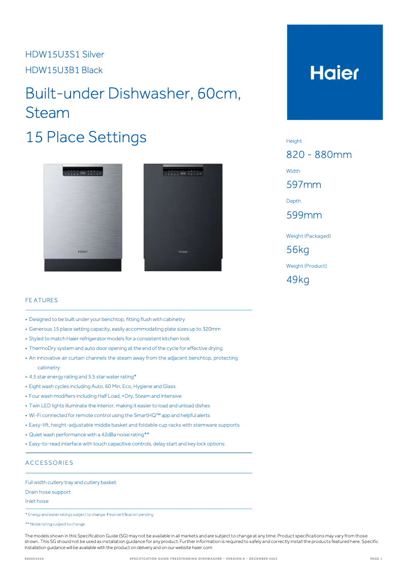 Page 1 de la notice Fiche technique Haier HDW15U3S1