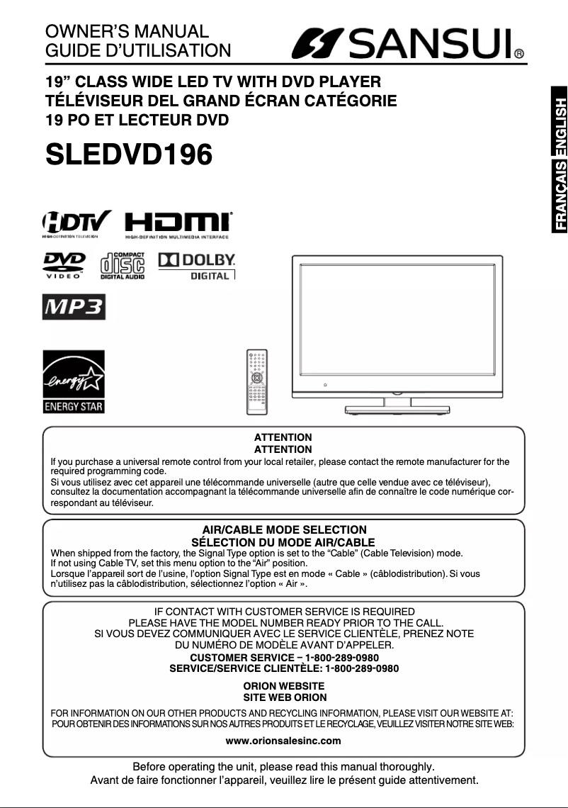 Image de la première page du manuel de l'appareil SLEDVD196
