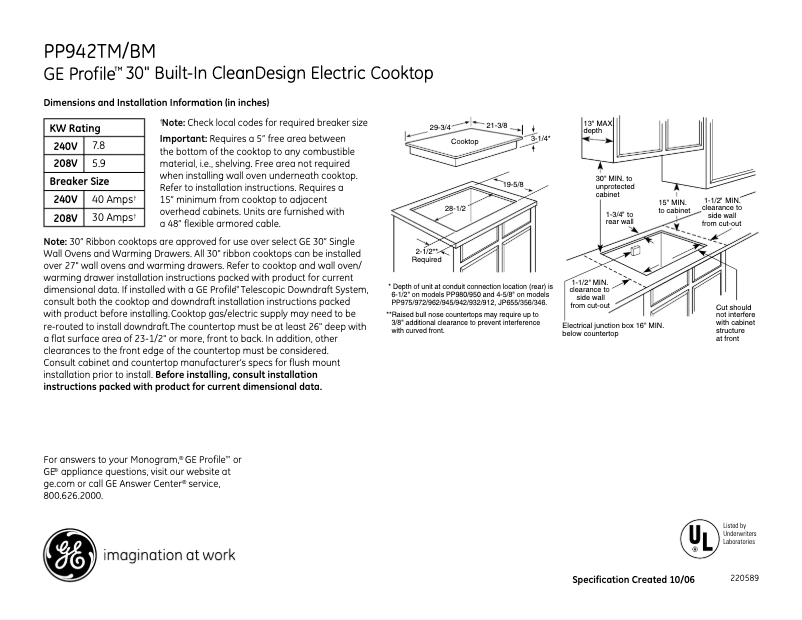 Page 1 de la notice Fiche technique GE Profile PP942TMWW