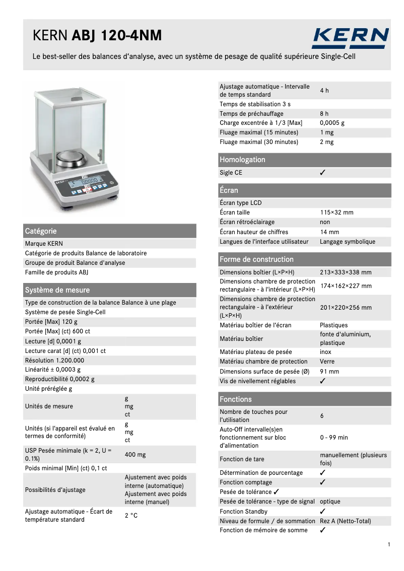 Page 1 de la notice Fiche technique Kern ABJ 120-4NM