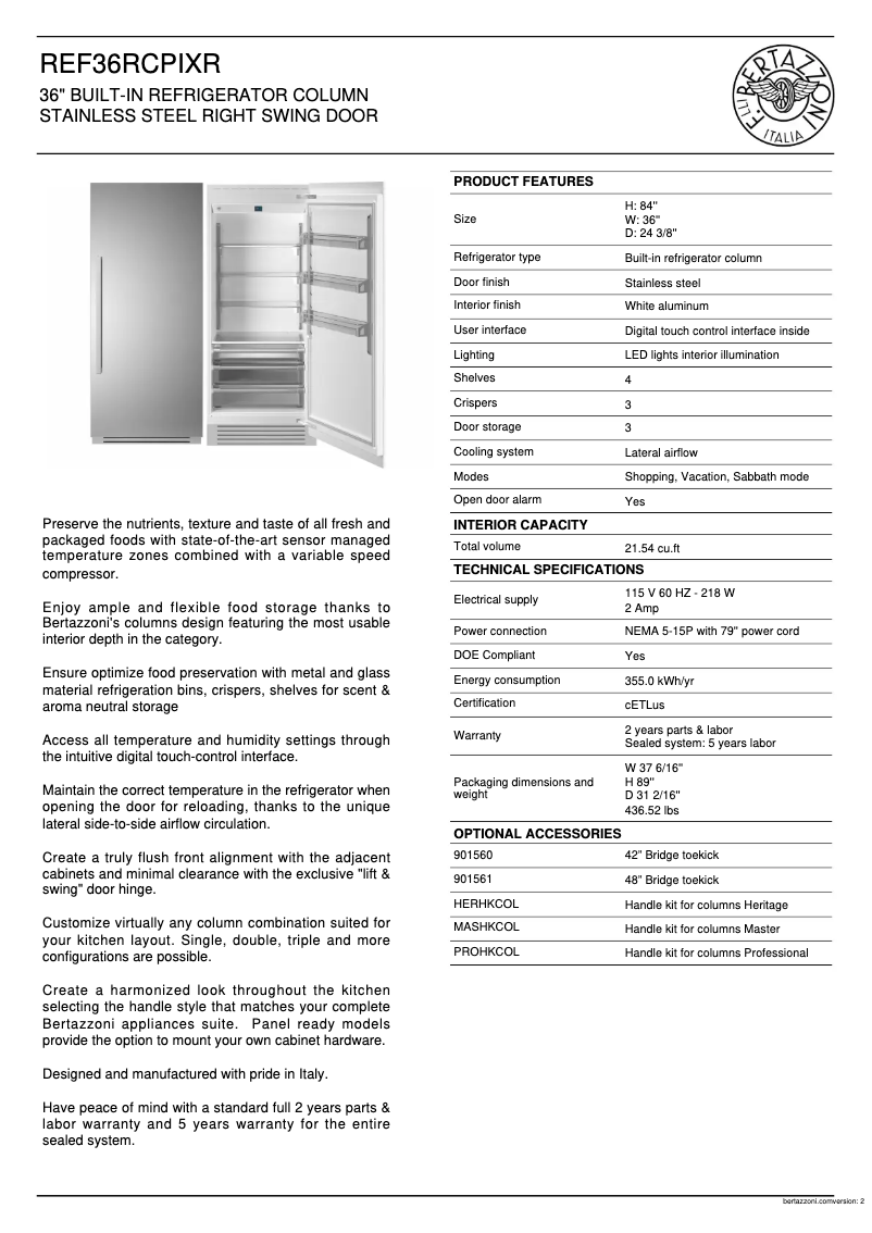 Page 1 de la notice Fiche technique Bertazzoni REF36RCPIXR
