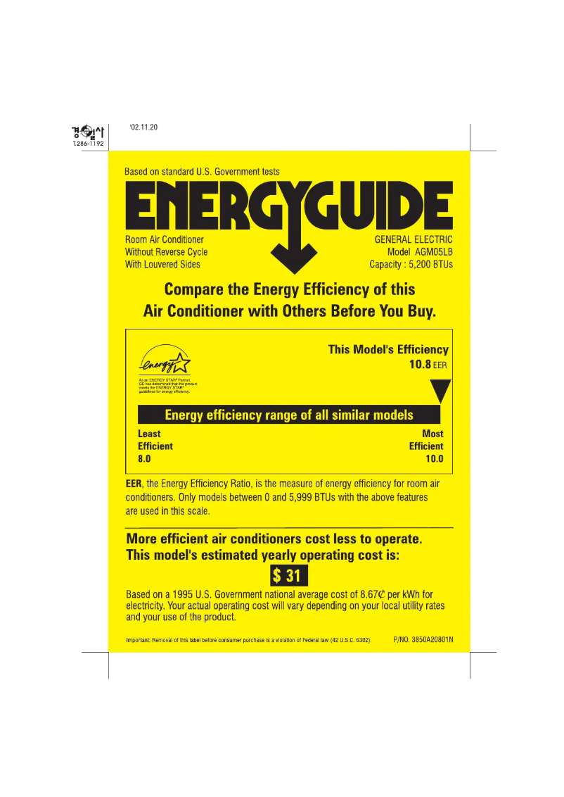 Page 1 de la notice Label énergétique GE AGM05LB