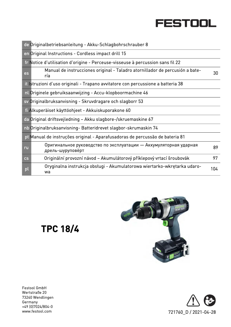 Page 1 de la notice Manuel utilisateur Festool TPC 18/4