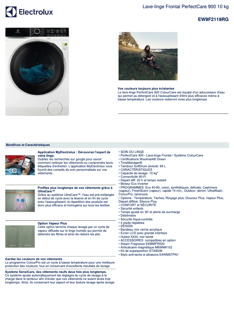 Page 1 de la notice Fiche technique Electrolux EW9F2119RG