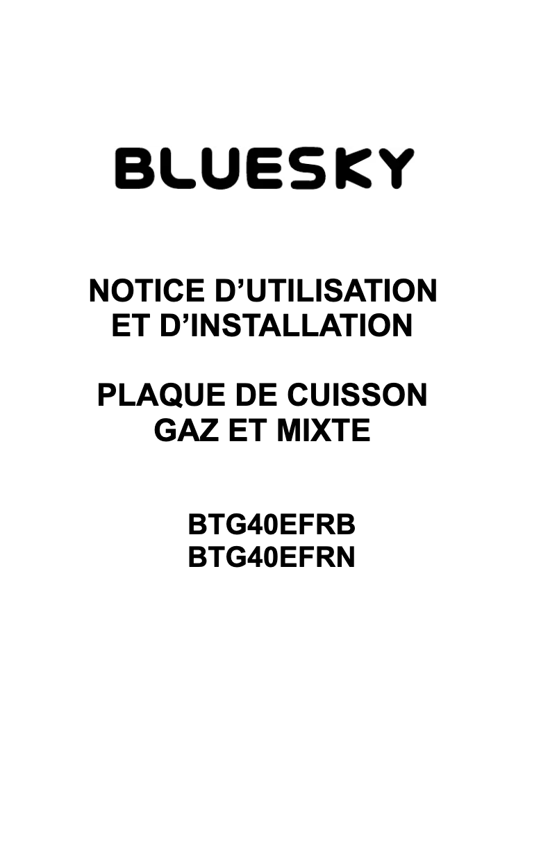 Page n°1 - Manuel utilisateur Bluesky BTG 40 EFRN