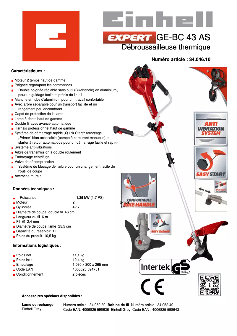 Page n°1 - Fiche technique Einhell GE-BC 43 AS