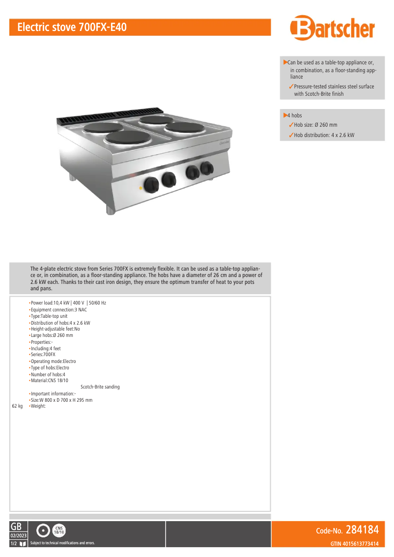 Page 1 de la notice Fiche technique Bartscher 700FX-E40