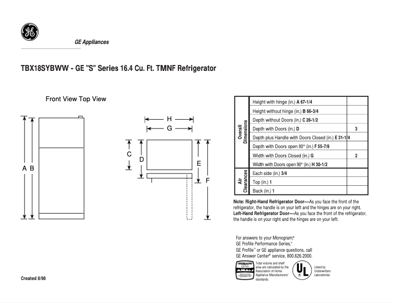 Page 1 de la notice Fiche technique GE TBX18SYBWW
