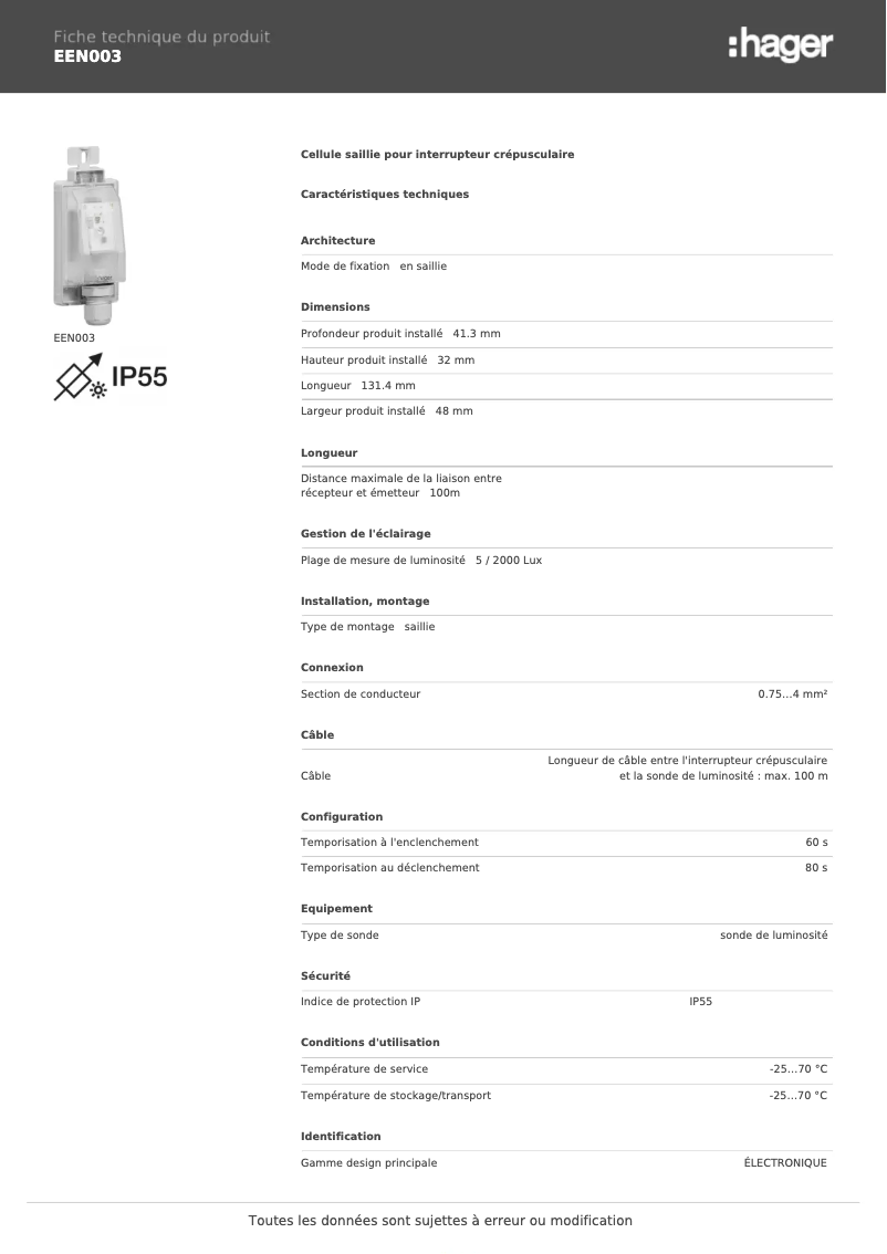 Page 1 de la notice Fiche technique Hager EEN003