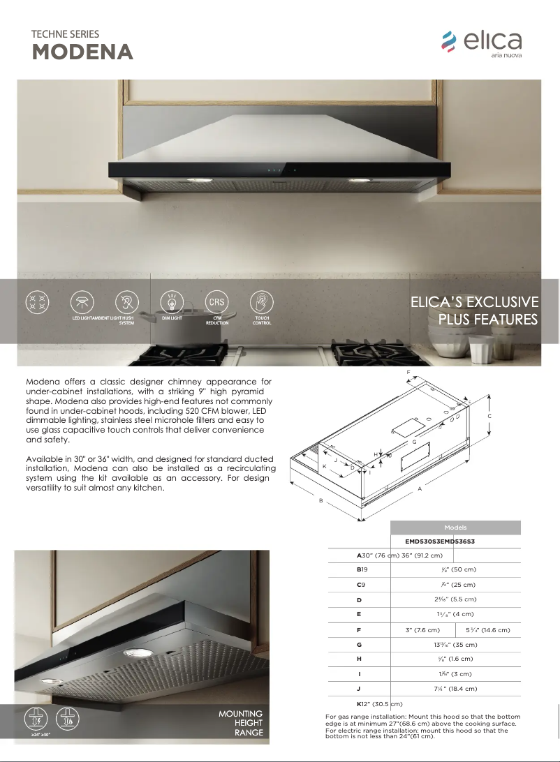 Page 1 de la notice Fiche technique Elica Modena EMD536S3