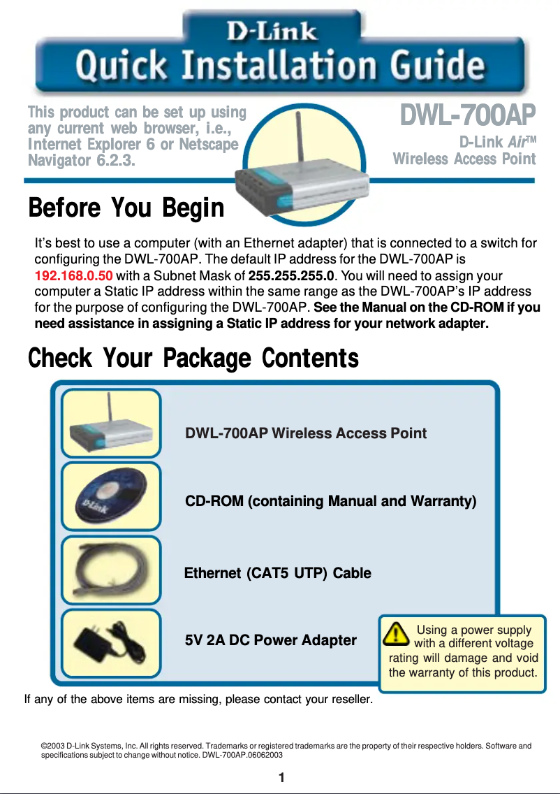 Page 1 de la notice Guide d'installation D-Link DWL-700AP