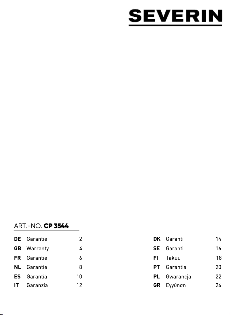 Page n°1 - Informations de garantie Severin CP 3544