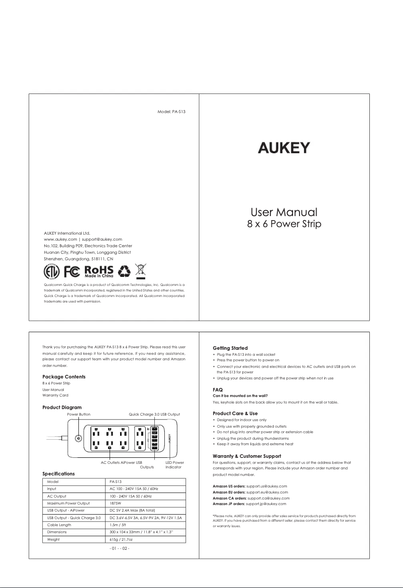 Page 1 de la notice Manuel utilisateur Aukey PA-S13