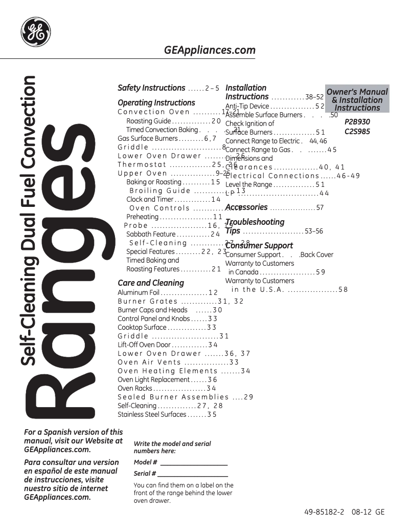 Page n°1 - Guide d'installation GE Profile P2B930DETWW