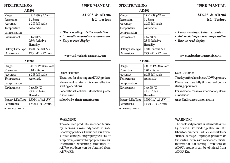Page n°1 - Manuel utilisateur Adwa AD204
