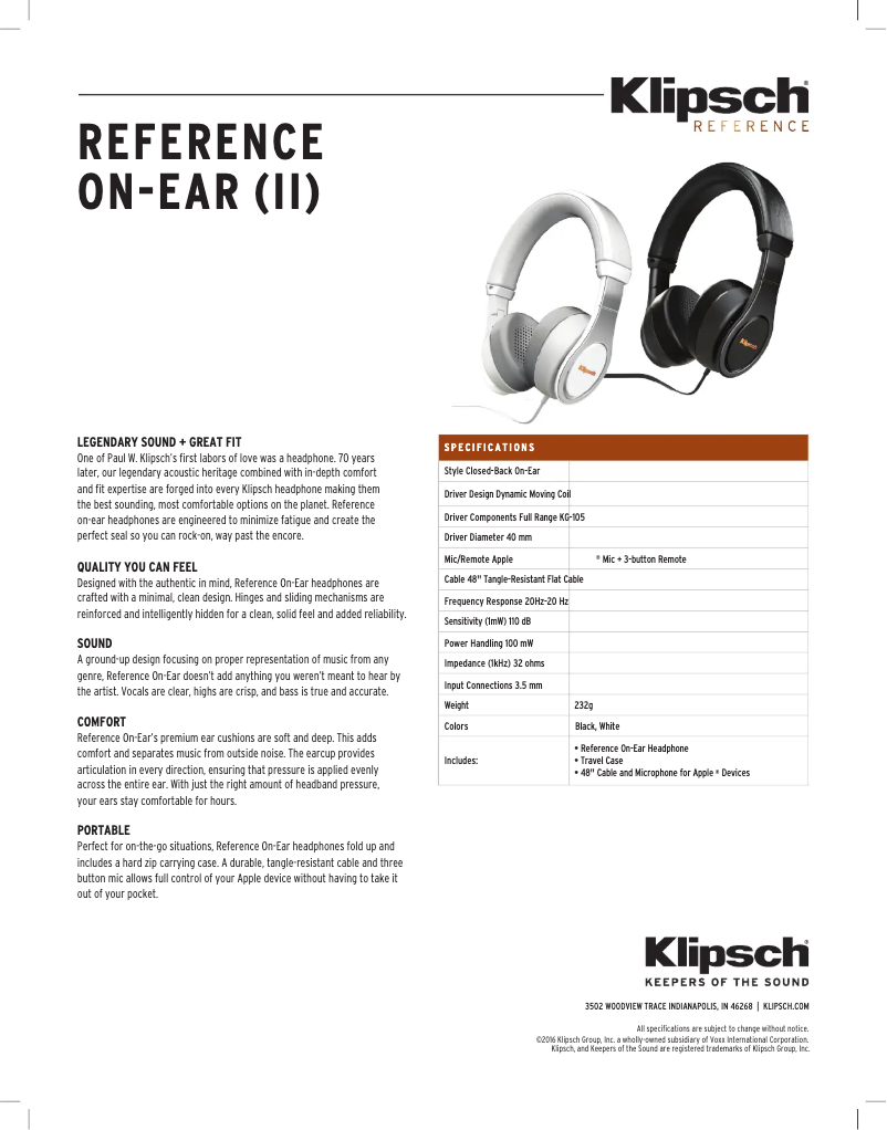 Page n°1 - Fiche technique Klipsch Reference On-Ear II