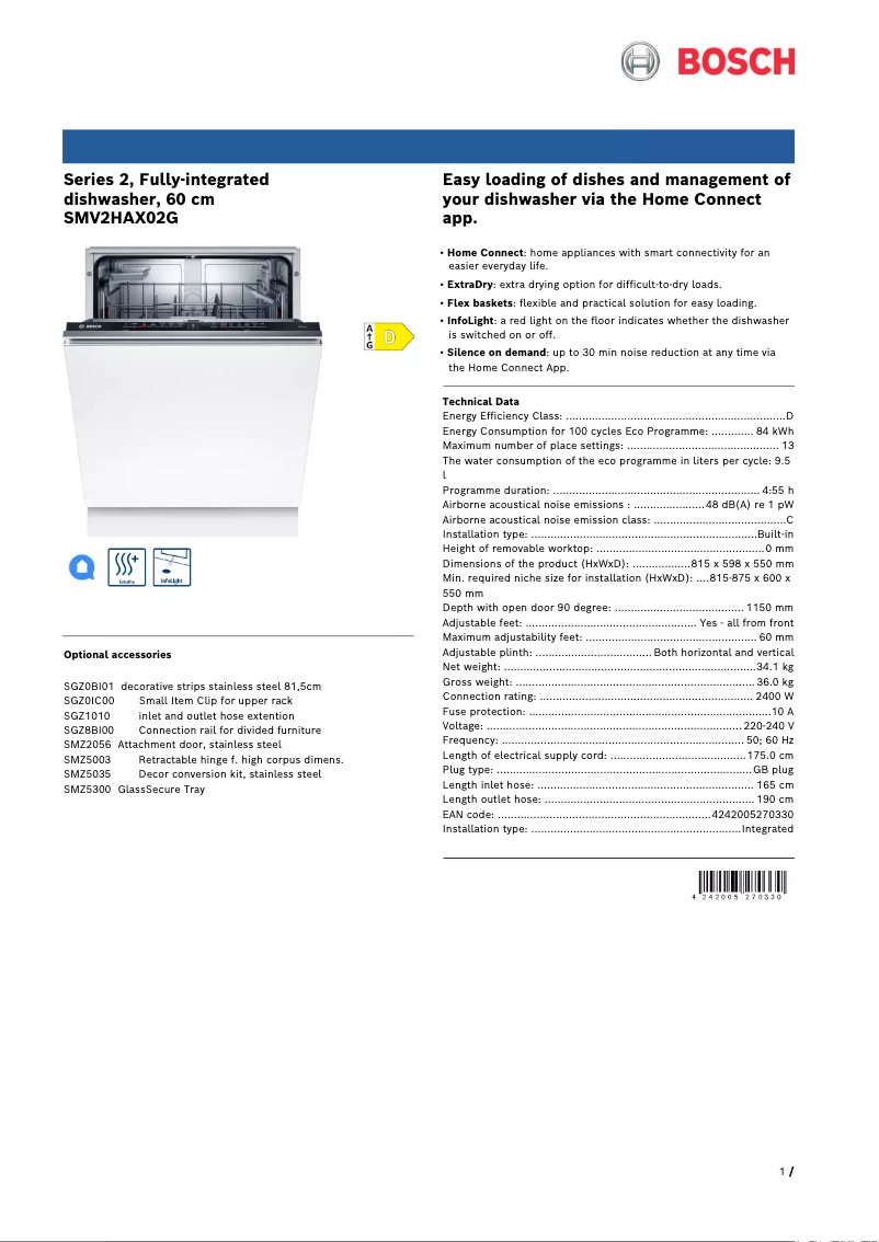 Page 1 de la notice Fiche technique Bosch SMV2HAX02G