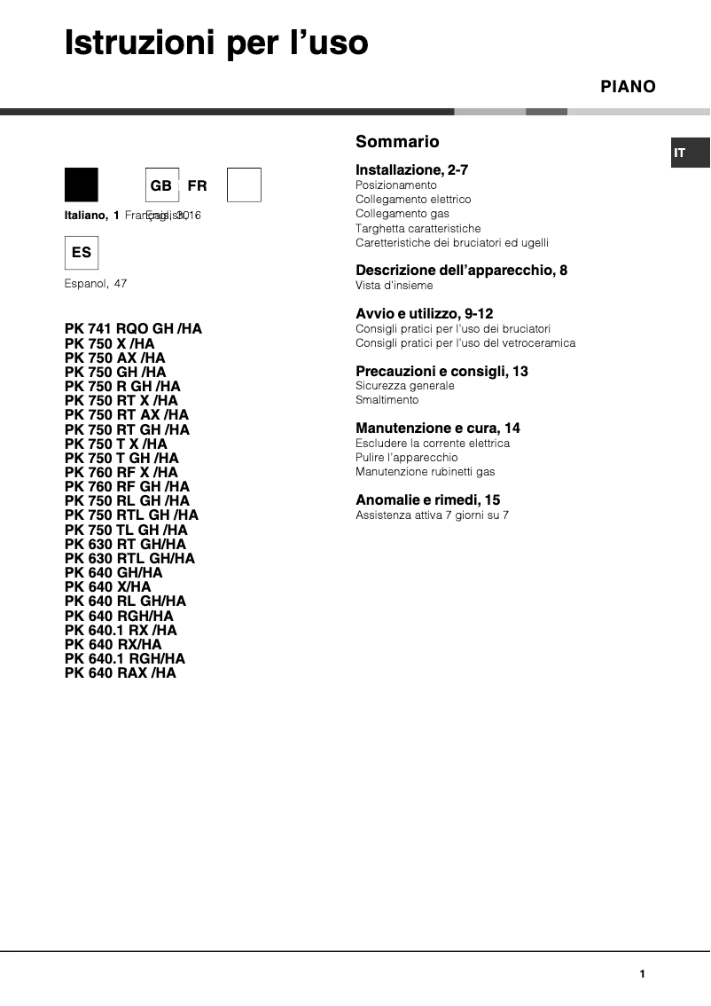 Page 1 de la notice Manuel utilisateur Hotpoint Ariston PK 750 AX /HA