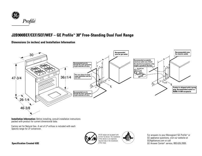 Page n°1 - Fiche technique GE Profile J2B900WEFWW